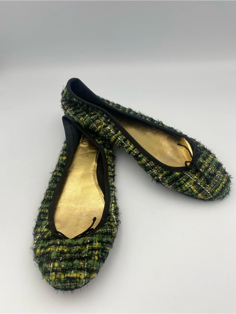 J. Crew Green Tweed Ballet Flats with Gold Insole